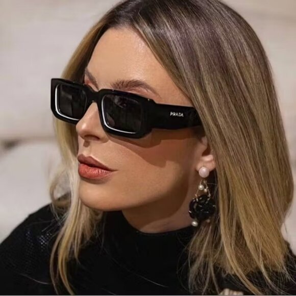 Prada PR06YS 09Q5S0 Sunglasses Black White Dark Grey Rectangle Unisex